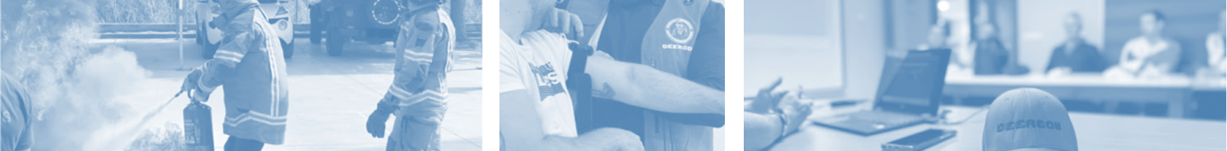 Diversas imágenes formativas. apagando un incendio; colocando un torniquete; clase teórica.