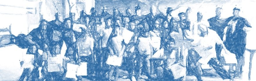 Imagen distorsionada de grupo numeroso de niños con diploma.