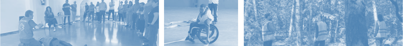 Más imágenes formativas: primeros auxilios; joven en silla de ruedas en una práctica; búsqueda de un desaparecido.